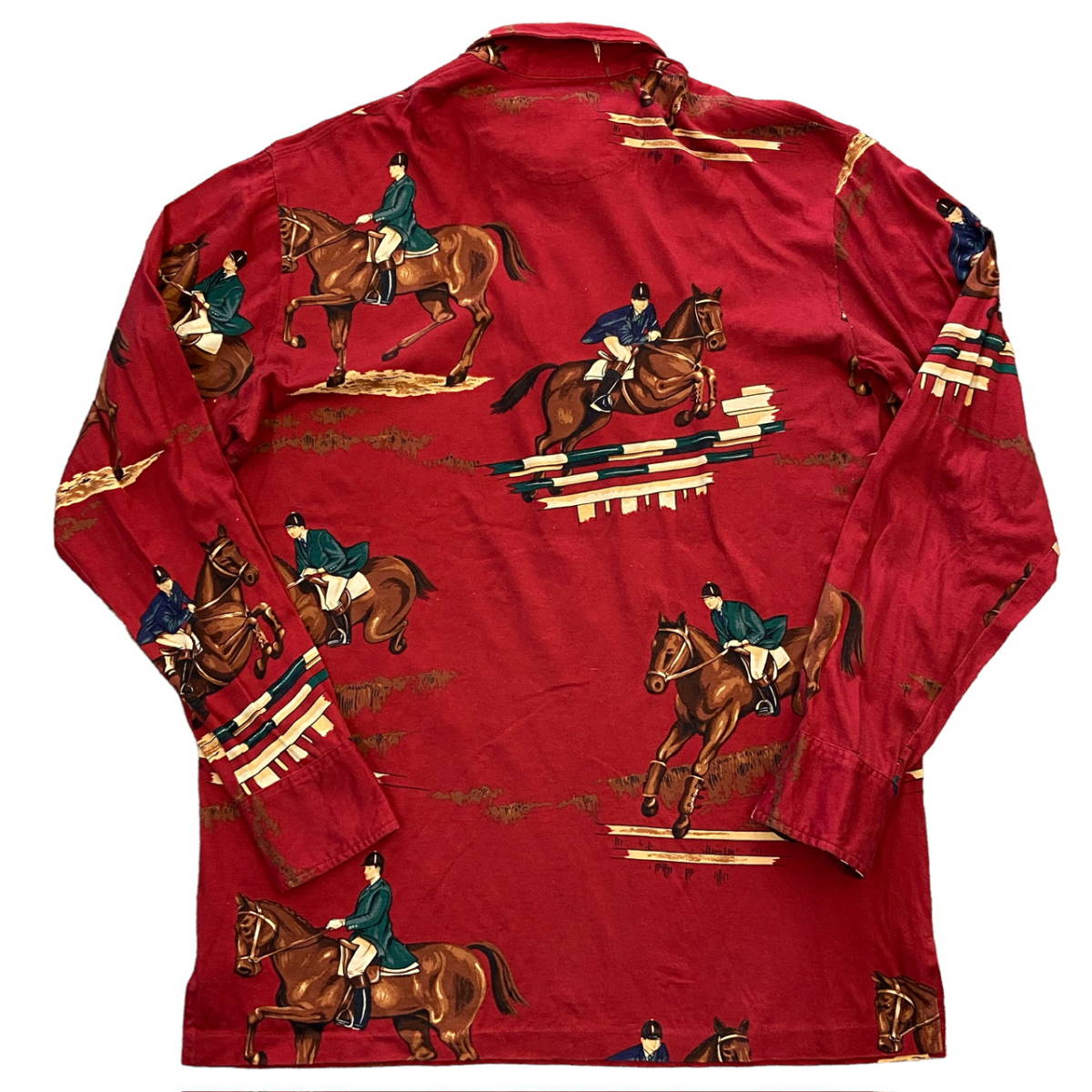 販売販売好調 Polo Ralph Lauren 乗馬 総柄 長袖 ポロシャツ M レッド コットン ホース 馬 騎手 シャツ 90s ポロ ラルフローレン