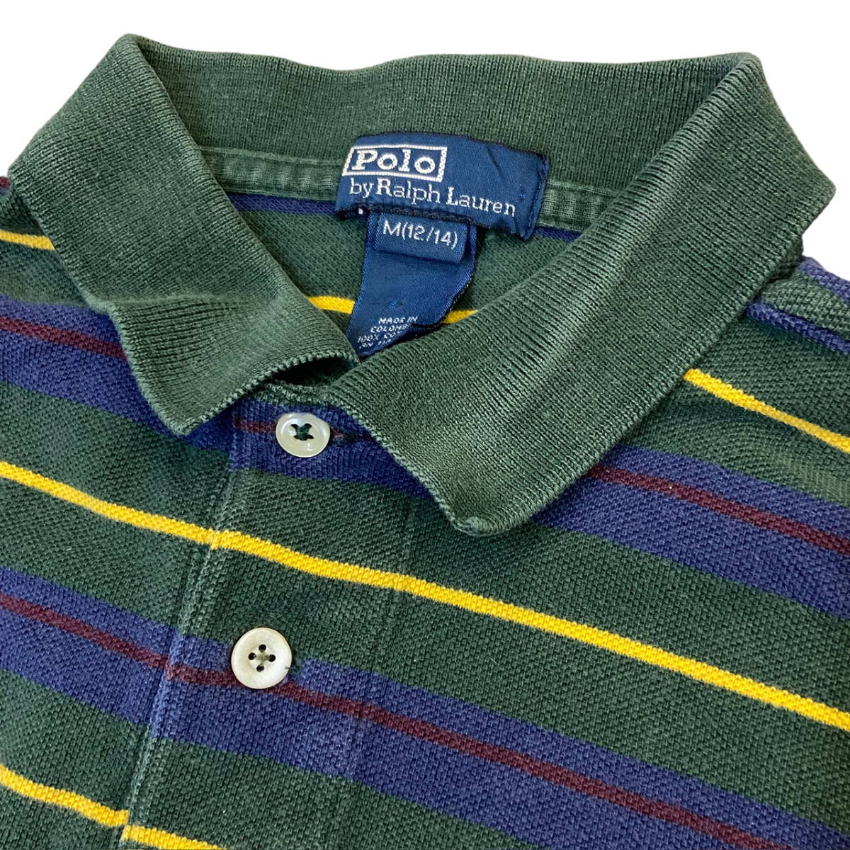 90s Polo Ralph Lauren ポロシャツ Youth M (12/14) グリーン ボーダー柄 ポニー ロゴ 刺繍 半袖 ラガーシャツ ポロ ラルフローレン_画像4