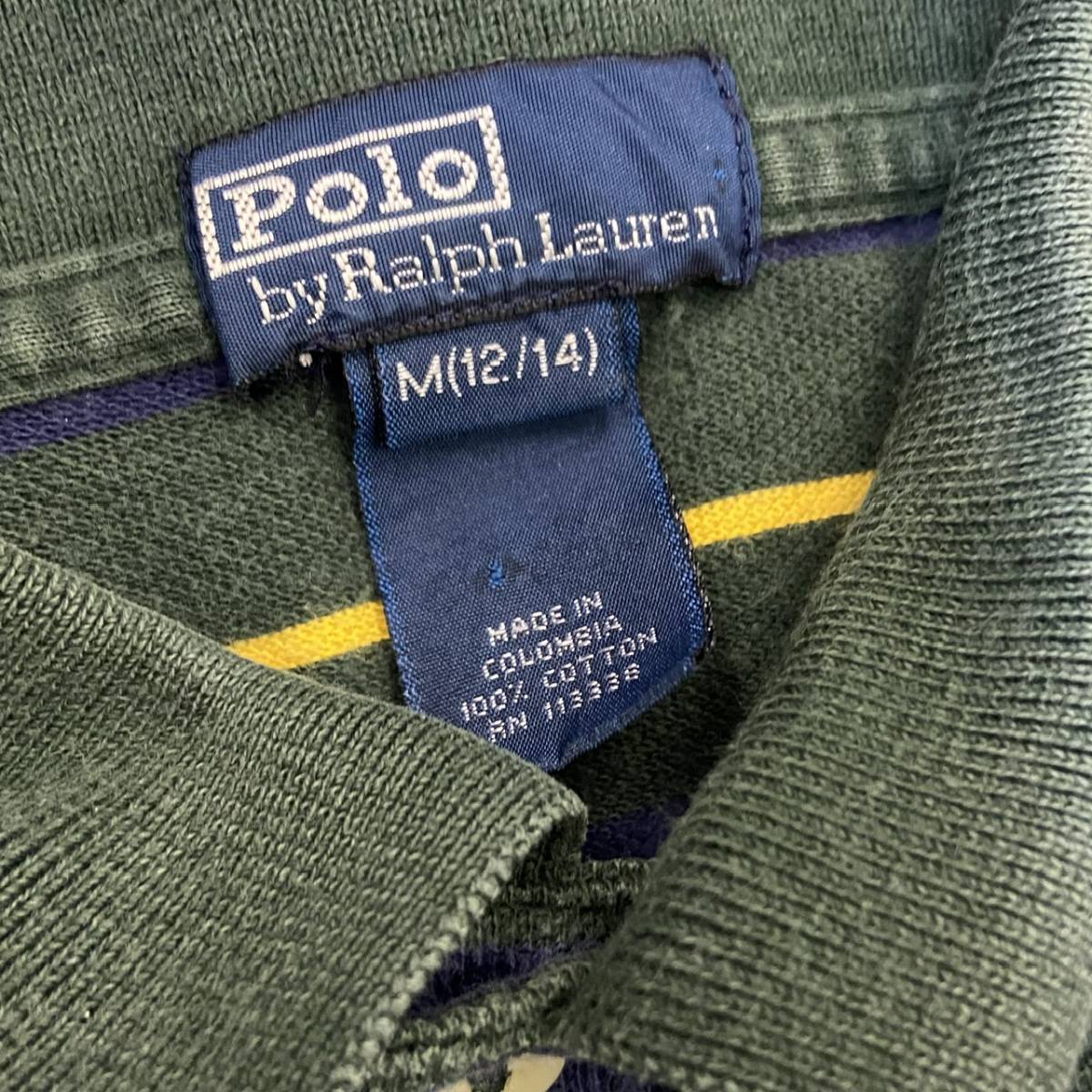 90s Polo Ralph Lauren ポロシャツ Youth M (12/14) グリーン ボーダー柄 ポニー ロゴ 刺繍 半袖 ラガーシャツ ポロ ラルフローレン_画像3