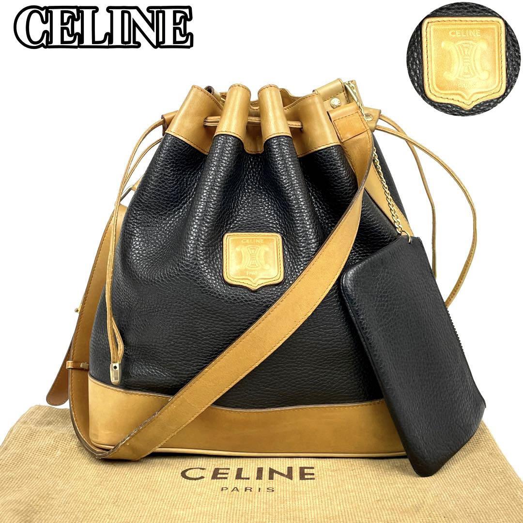 【美品】CELINE セリーヌ 巾着 ショルダーバッグ トリオンフ ロゴ型押し マカダム ブラゾン 男女兼用 斜め掛け ミニポーチ付属 レザー 黒色_画像1