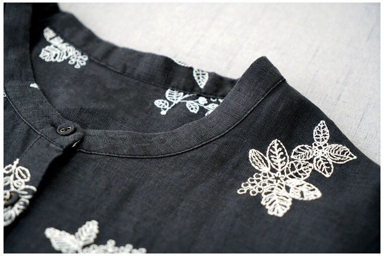 リネン100%総刺クルミ釦ポケット付きゆったり着られる八分袖ロングワンピース♪【ブラック】の画像3
