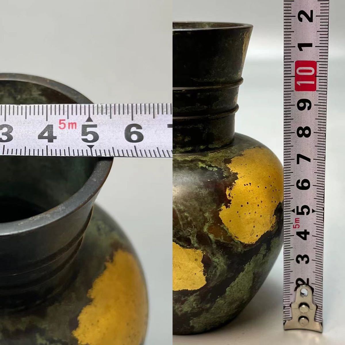 A0421B 平安 秦蔵六造 塗金銅花生 素帶壺式 華道具 花入 花瓶 花器