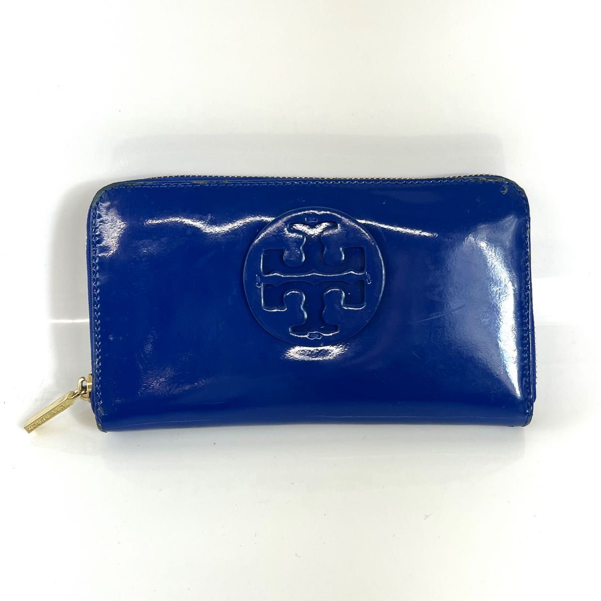 TORY BURCH トリーバーチ　ラウンドファスナー　長財布　エナメル　ブルー　レディース　ブランド エナメル　財布　中古品