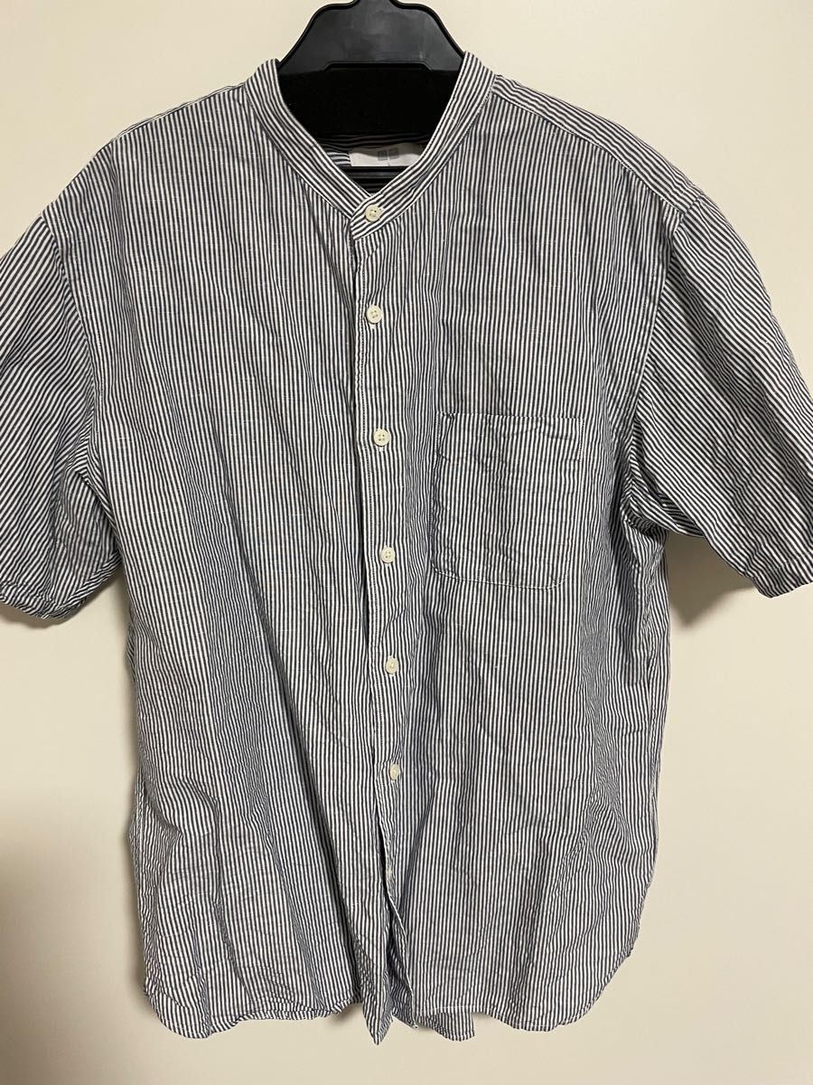 UNIQLO メンズ スタンドカラーシャツ ストライプ Lサイズ 半袖シャツ