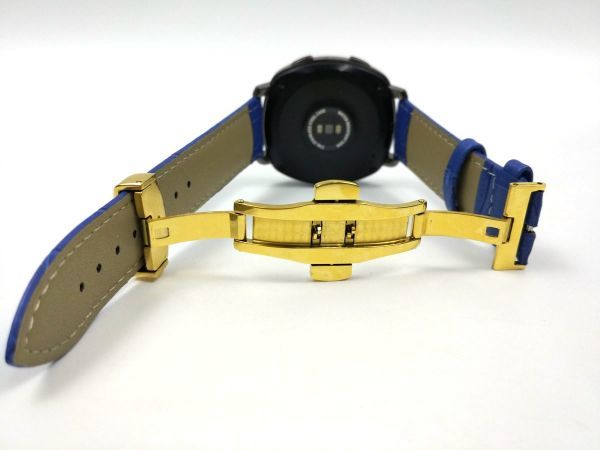 時計交換ベルト 本革レザー Dバックル クロコ型押し バネ棒 工具付き 16mm ブルーXゴールド_画像6