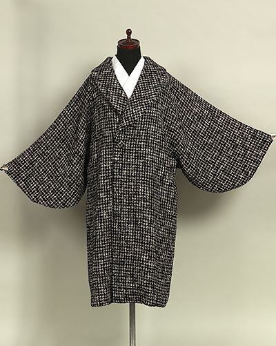 和遊館 即決eha3098 日本製 ループツイード へちま衿 和装用 ロングコート 黒色 ベージュ