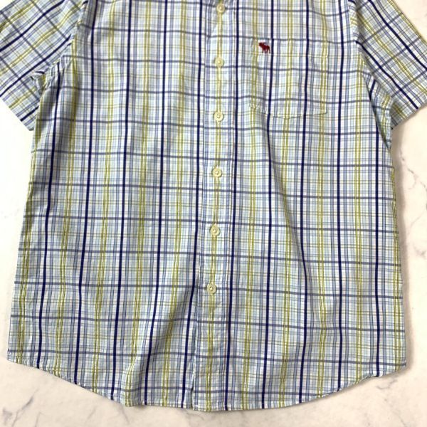 アバクロンビー チェック カジュアル半袖ボタンシャツ ブルー系Abercrombie コットン100％ ブランドロゴ刺繍有 ボタンダウンシャツXL C7852の画像3