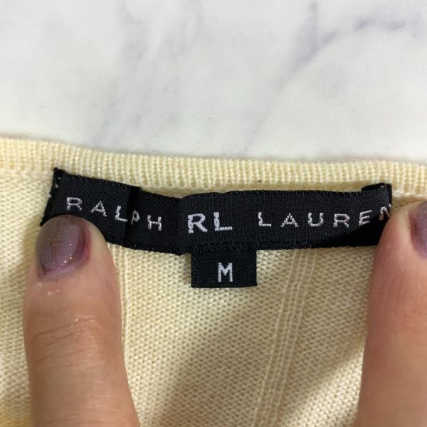 ラルフローレン ストライプ長袖ボタンカーディガンアイボリーRalph Lauren ウール100％ リブニット ブラックレーベル M C7945_画像6