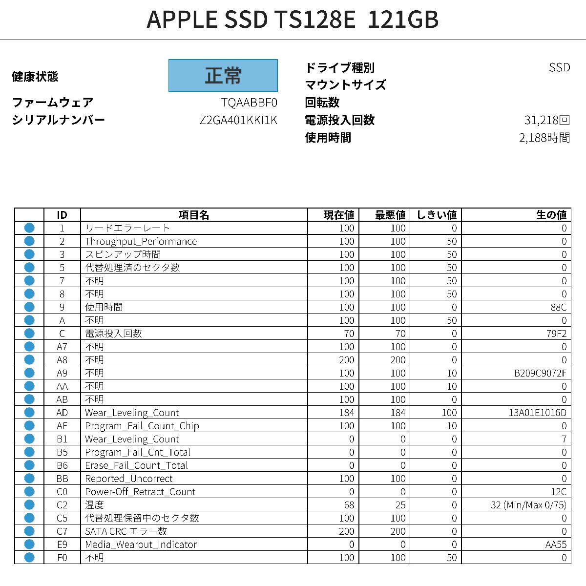 動作確認済み 2188時間 Apple純正 PCIe APPLE SSD TS128E 121GB (MacBook Pro， Air，Mac Pro，Mac mini) SMART正常 消去済み_画像5