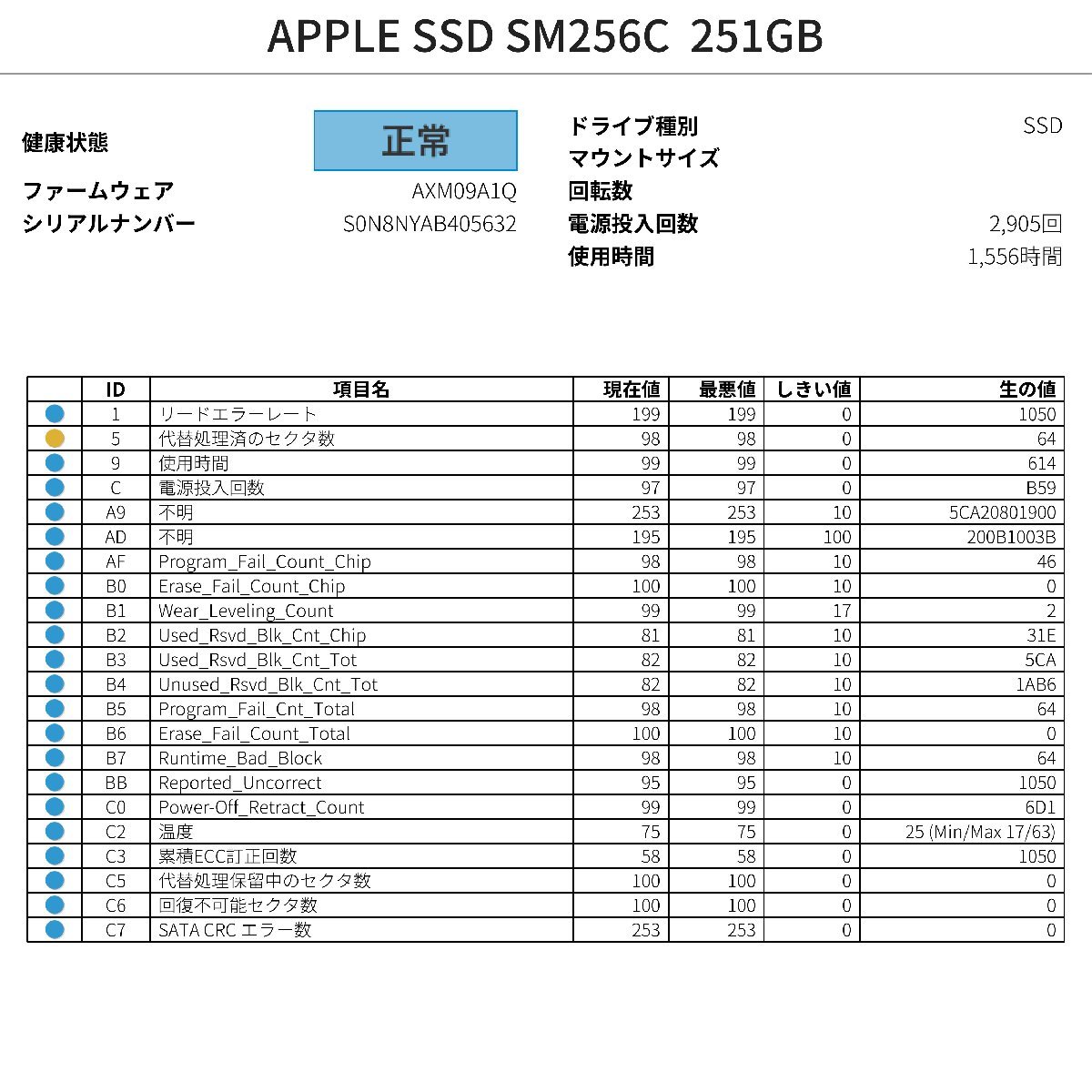 動作確認済み 1556時間 Apple純正 PCIe APPLE SSD SM256C 251GB (MacBook Pro， Air，Mac Pro，Mac mini) SMART正常 消去済み_画像4