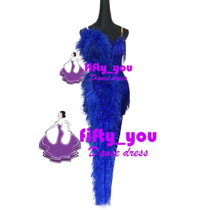 新品fifty_you　レディース社交ダンスドレス　 魅力サイズセミオーダー 競技ドレス パーティードレス　羽飾り　ワイヤブルー　ラテンドレス