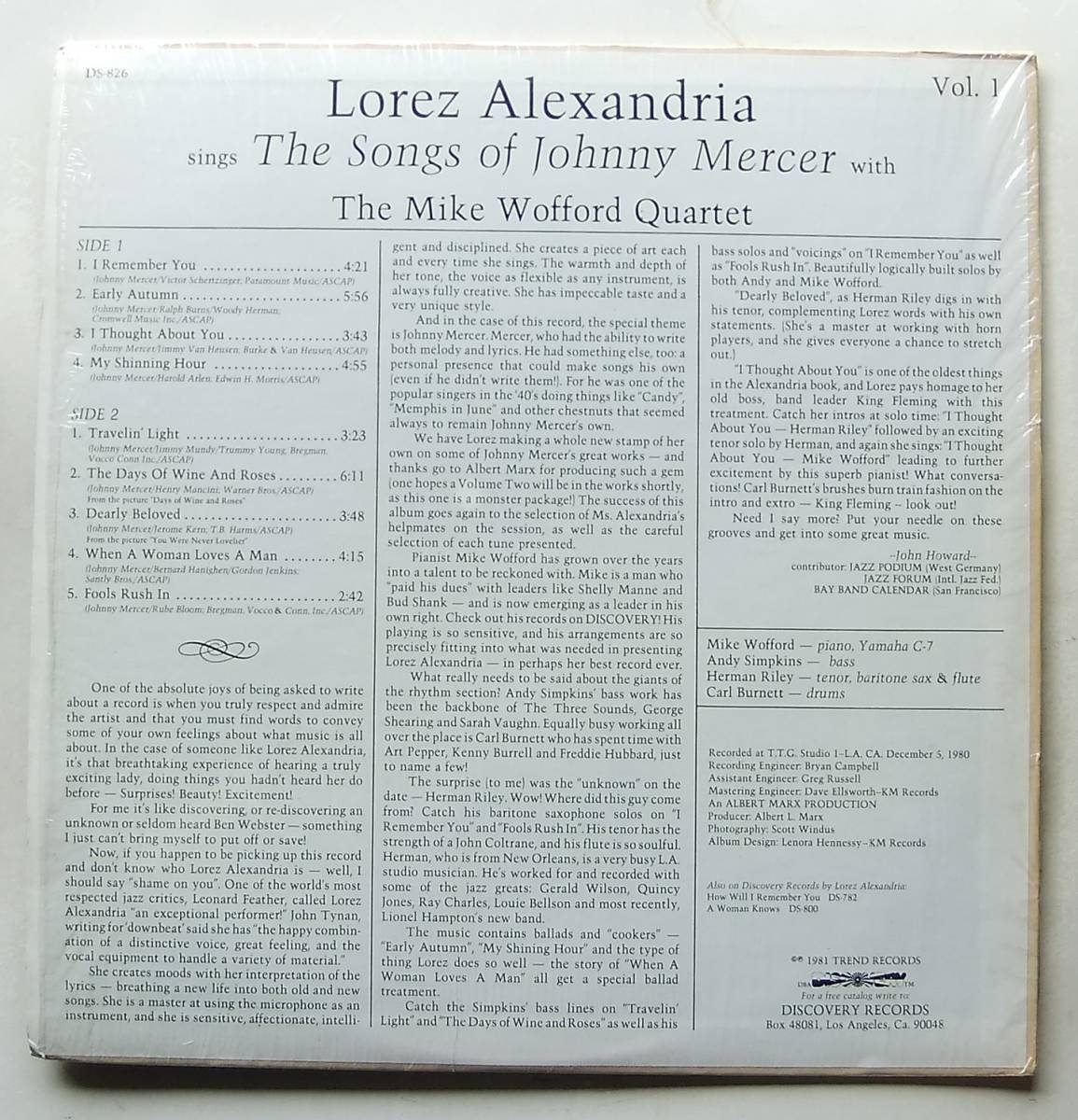 ◆ LOREZ ALEXANDRIA Sings The Songs of Johnny Mercer with MIKE WOFFORD Quartet ◆ Discovery DS-826 ◆_画像2