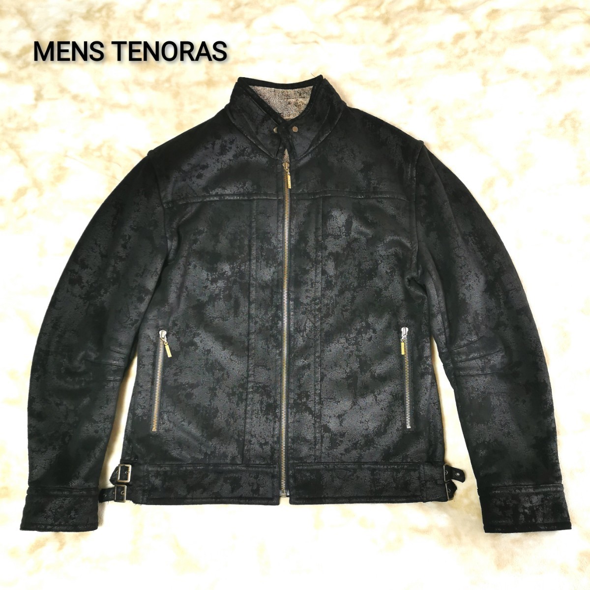 メンズティノラス(MEN'STENORAS) フロッキー濃淡加工 全面ボア ライダース ジャケット サイズL ブラック_画像2