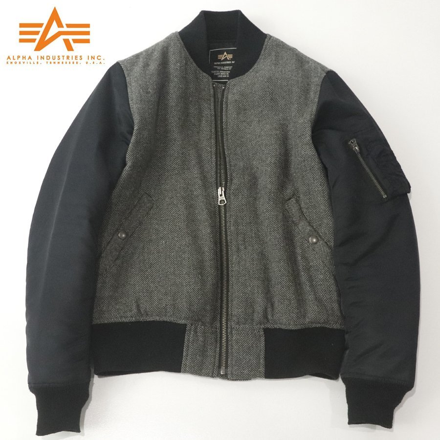 美品 ALPHA INDUSTRIES アルファー 21207-175 ヘリンボーン ツイード ×ナイロンツイル コンビ MA-1 フライトジャケット L_画像1