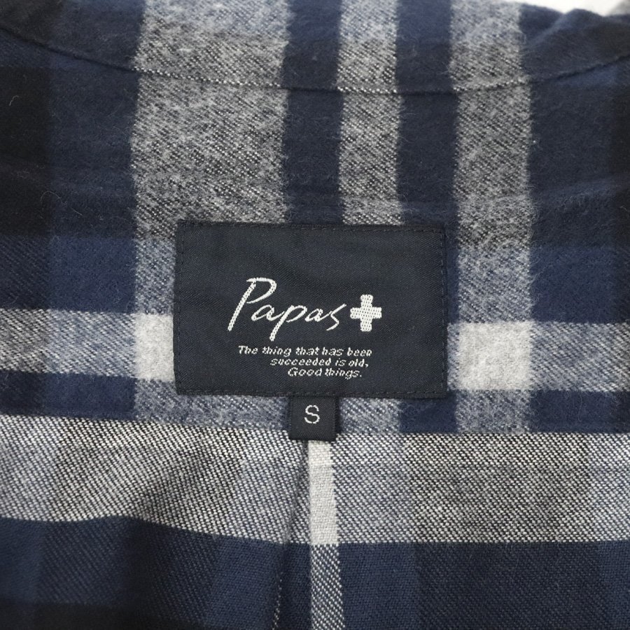 参考価格￥37,400- 美品 日本製 Papas+ パパスプラス 刻印シェルボタン コットンネル フーディー シャツパーカ チェック 紺 白 S_画像6