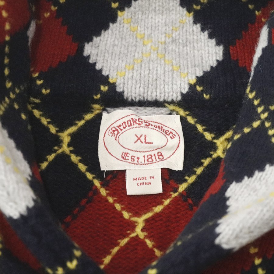 定価￥28,600- 極美品 BROOKS BROTHERS ブルックスブラザーズ ウール100％ 肉厚 ショールカラー アーガイル ニットセーター 赤紺白 XL_画像6