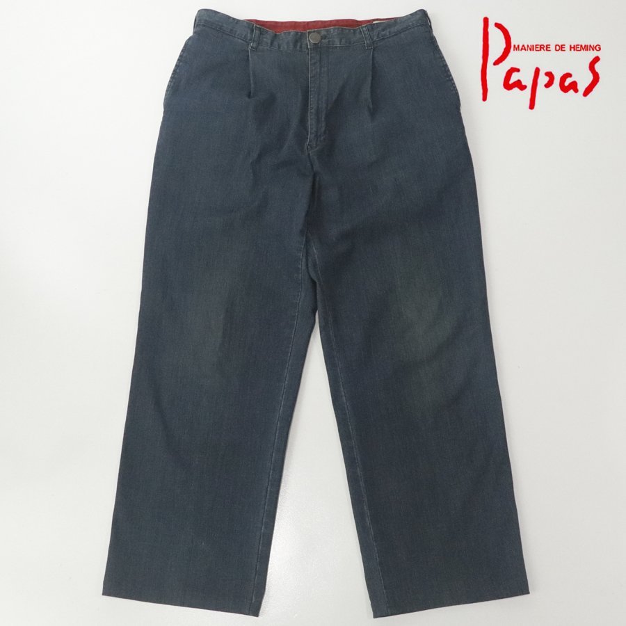 相場価格￥48,400- 美品 日本製 Papas パパス ワンタック デニムパンツ インディゴ 52 LL/XL イージー ストレッチ メンズ ワイド_画像1