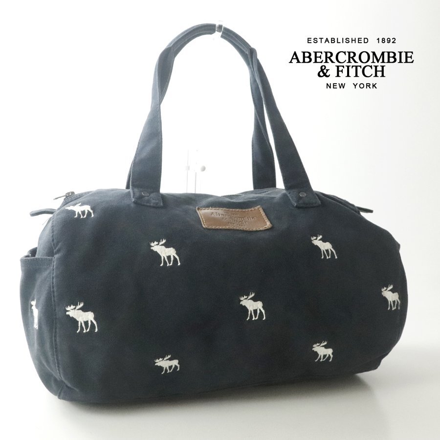 美品 Abercrombie & Fitch アバクロ ムース柄 キャンバス ボストンバッグ 紺 ネイビー ダッフル ドラム ユニセックス トラベル_画像1