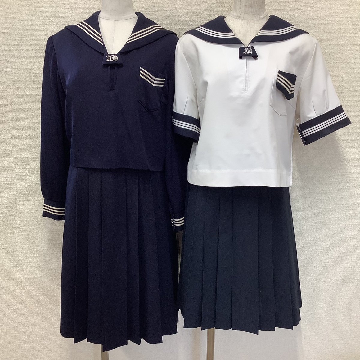 I149/Y(中古)福島県 安達高校 女子制服5点 /指定品/大きめ/L/15R/W76/W75/セーラー/スカート/くにおか/KANKO/夏冬/合服/白3本