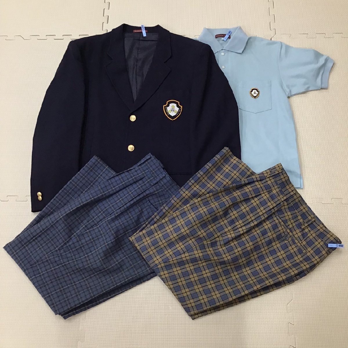 O259/T860(中古)栃木県 今市高校 男子制服4点 /M/W70/ブレザー/ポロシャツ/夏冬ズボン/紺/チェック柄/hiromichi nakano/学生服/卒業生品