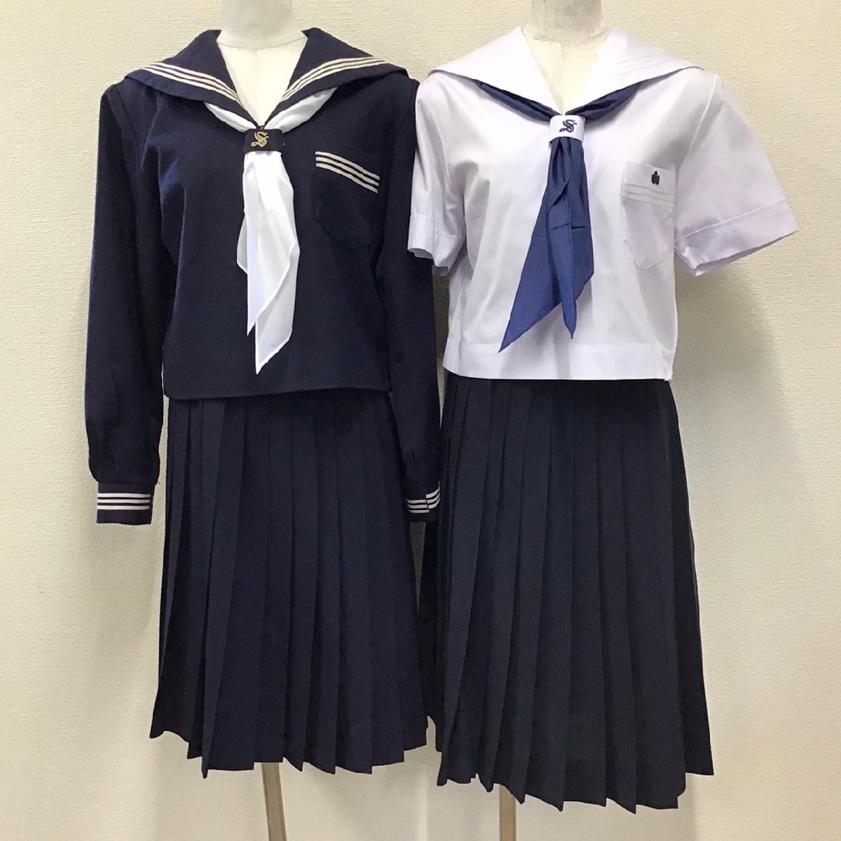 O281/(中古)兵庫県 松陽中学校 女子制服6点 /M/6/W63/セーラー/スカート/スカーフ/夏服/冬服/紺/青紺/白/中学校/高校/女子学生/学生服