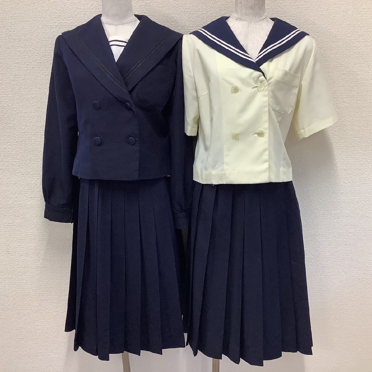 I206/Y(中古)福島県 郡山商業高校 女子制服5点 /L-/M/W66/丈63/セーラー/スカート/ブラウス/クリーム色/紺/黒2本/白2本/夏服/冬服/学生服_画像1