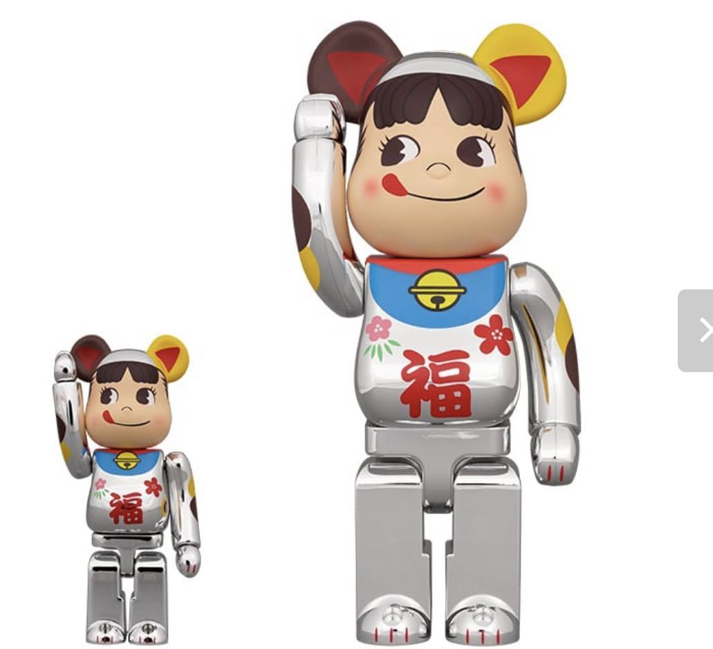 【手元あり】 不二家 BE@RBRICK 招き猫 ペコちゃん 福 銀メッキ 100％ & 400％ ファミリータウン ベアブリック ぺこちゃん フジヤ FUJIYA_画像1