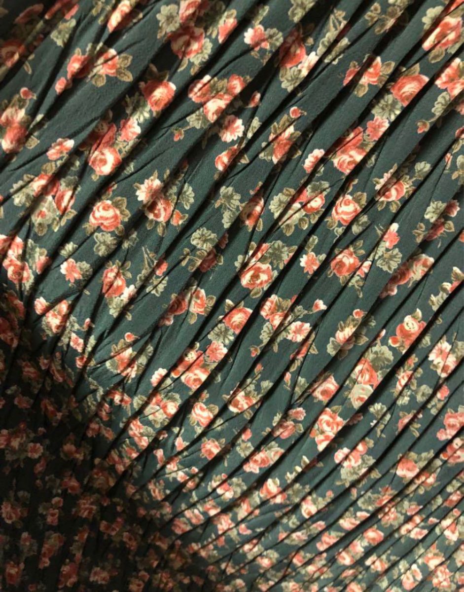 花柄　プリーツスカート　ロングスカート　モスグリーン　緑　日本製　ポリエステル100% 