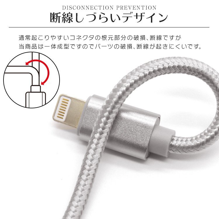 充電ケーブル 2m ナイロン素材 ライトニングケーブル 急速充電対応 iPhone iPad AirPods Apple データ転送 断線しづらい 頑丈 新品 未使用_画像3