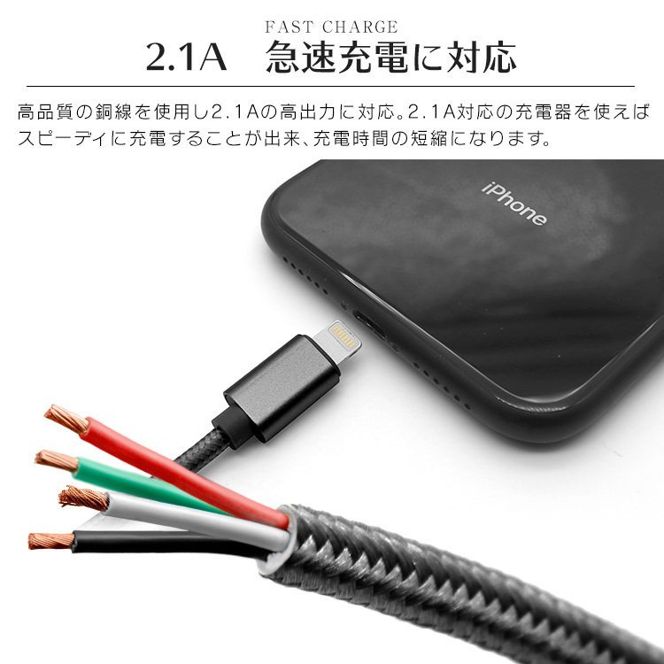 充電ケーブル 2m ナイロン素材 ライトニングケーブル 急速充電対応 iPhone iPad AirPods Apple データ転送 断線しづらい 頑丈 新品 未使用_画像4