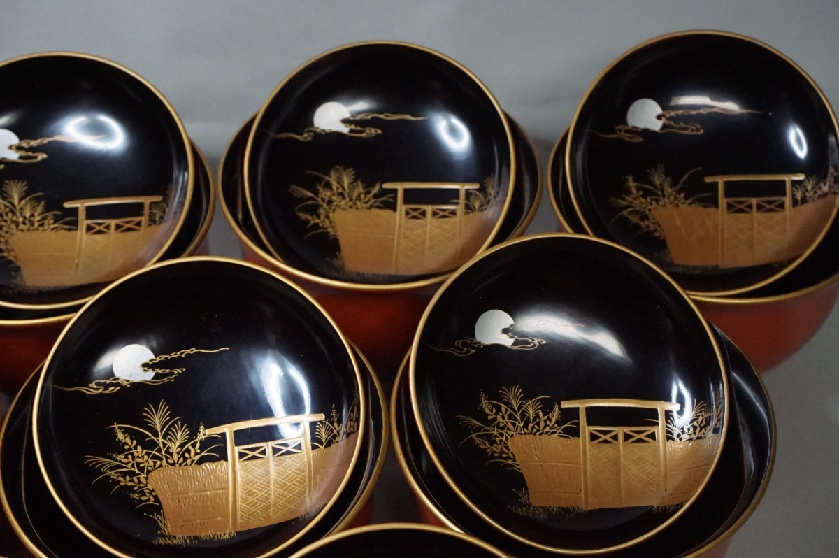 漆器　吸物椀　蓋椀　１０客　朱色漆　金蒔絵　細密　木製　無傷　日本料理　茶道具　煎茶道具_画像3