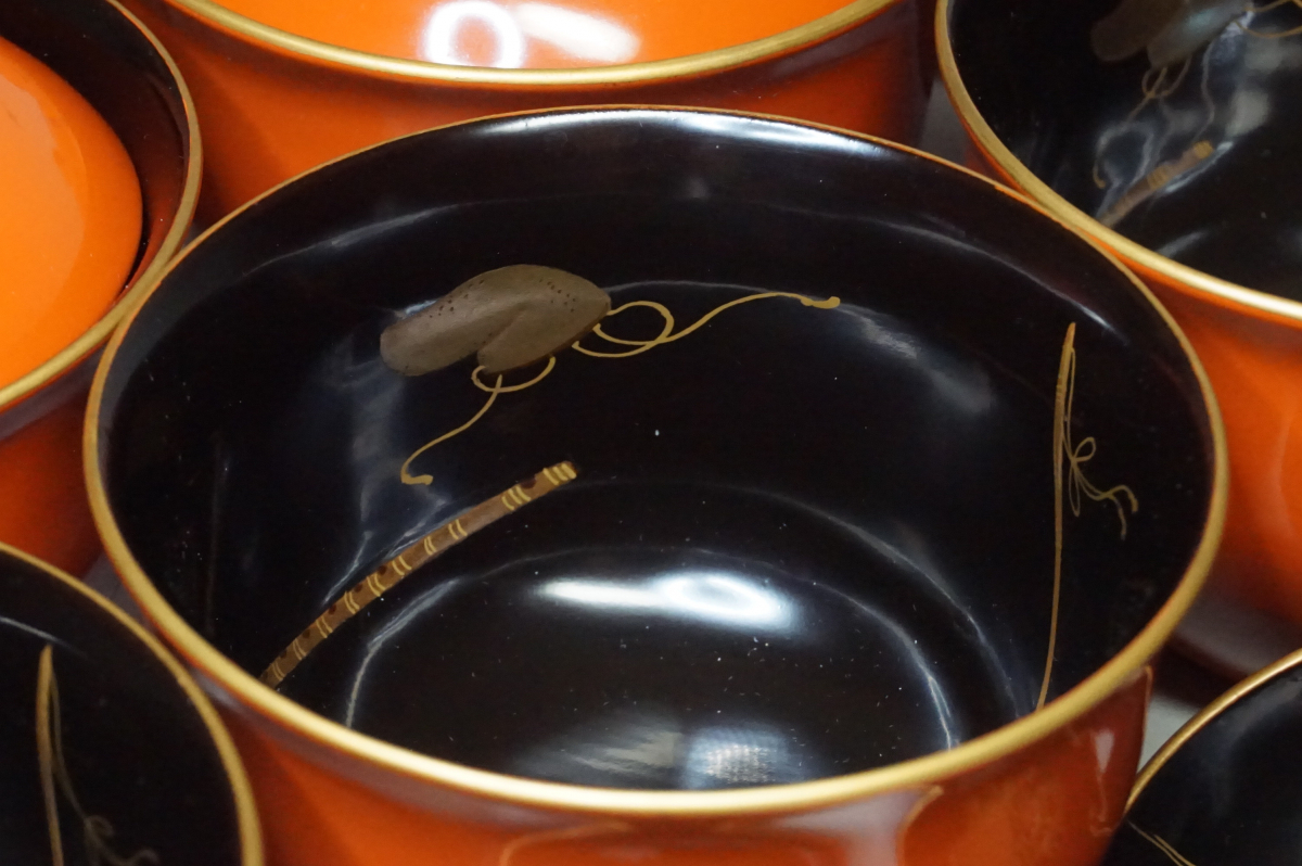 漆器　吸物椀　蓋椀　１０客　朱色漆　金蒔絵　細密　木製　無傷　日本料理　茶道具　煎茶道具_画像10