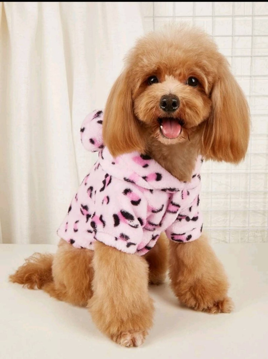 新品 犬服 ペット用品 フード付き ヒョウ柄 アニマル柄 ドッグウェア ペット服 もこもこ 暖か XSサイズ ピンク_画像5