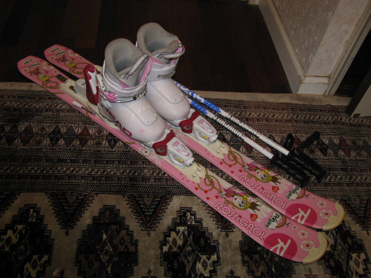 ロシニョール、HEAD、SNOWCHILDキッズ、ジュニア用スキーセット　板100㎝、ブーツ15-16.5㎝、ストック75㎝　中古
