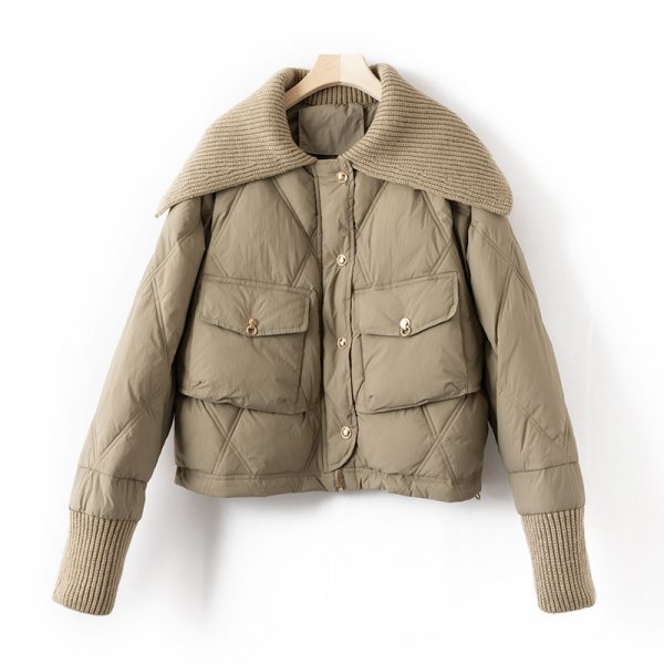 新品暖かいレディース90％ダウンコートフードジャケットニット襟袖カーキグリーンL