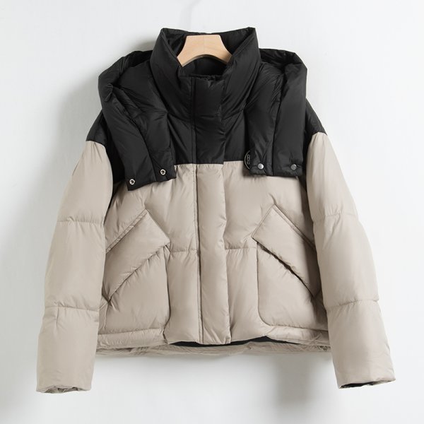 新品暖かいレディース90％ダウンコートフードジャケット配色グレーグリーンL