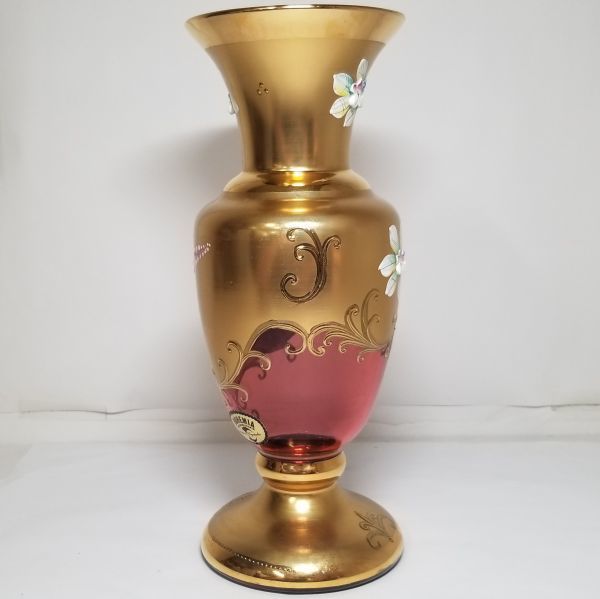 【中古品】BOHEMIA GLASS ボヘミアグラス 金彩 花瓶 花器 ハンドメイド スロバキア 赤 金 25041/81043/25・5 R_画像4