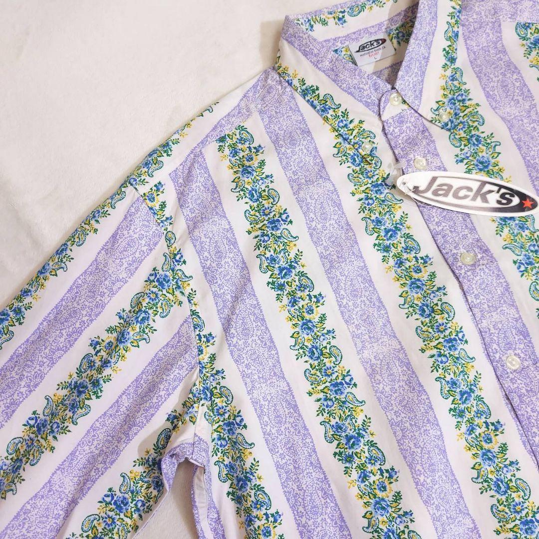 未使用品 ペイズリー&ヨーロピアン花柄 ストライプ風シャツ長袖 Lサイズ 薄紫ライトパープル&白など ボックスシルエット66158