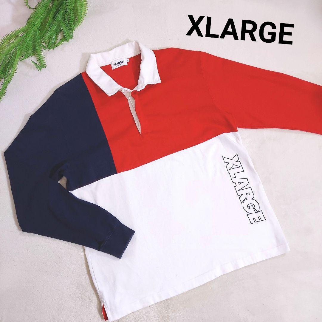 XLARGE ラガーシャツ・ブランドネーム刺繍・表記サイズL ネイビー 赤 白 しっかり生地 79731