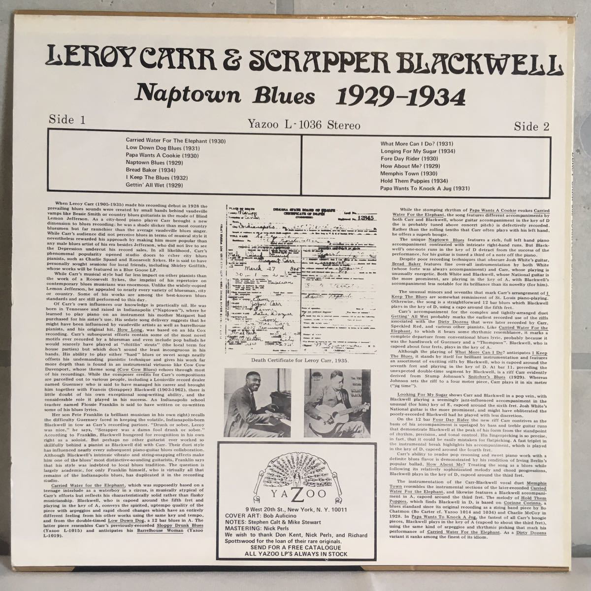 US LP / LEROY CARR & SCRAPPER BLACKWELL - NAPTOWN BLUES 1929-1934 (L-1036) / Piano Blues 戦前ブルース /_画像2
