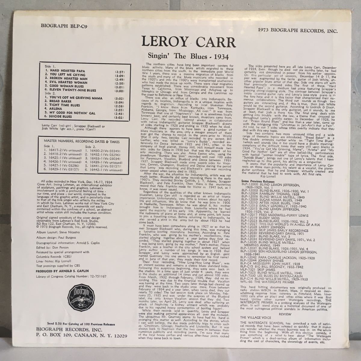 美盤 US MONO LP / Leroy Carr - Singin' The Blues 1934 (BLP-C9) / Piano Blues ブルース /_画像2
