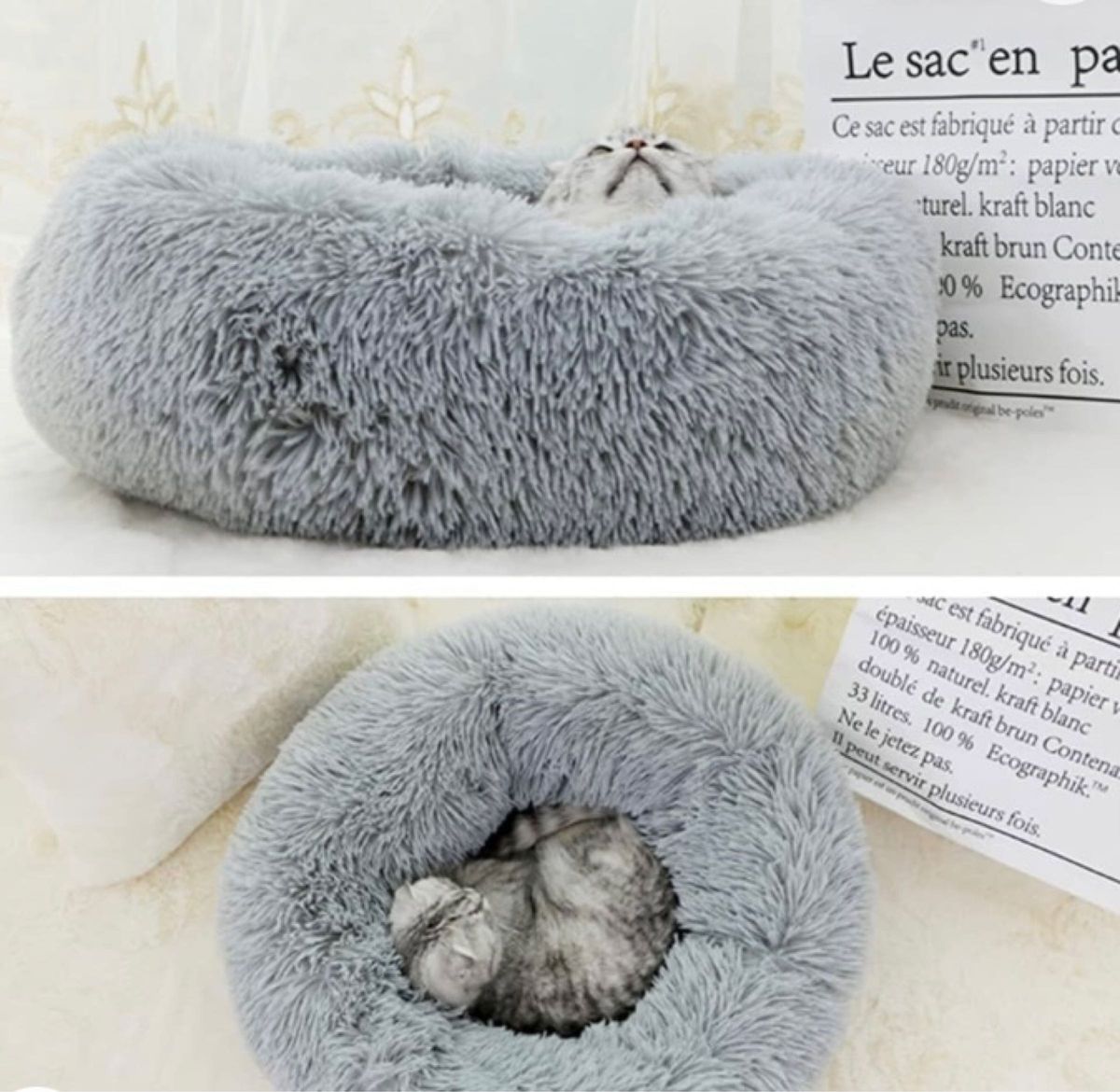 猫 ベッド 犬 ベッド クッション ラウンド型 もふもふ 丸型 洗える 猫用 小型犬用 ペット用品 (50cm, ライトグレー)