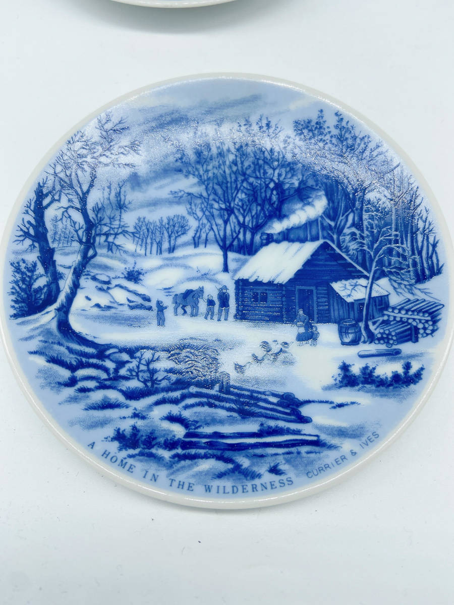 N33126 CURRIER&IVES カリア＆アイブス ホームインザウェルダネス ブルー ビンテージ 磁器 プレート 小皿 ３枚 雪 青色 冬 洋食器の画像3