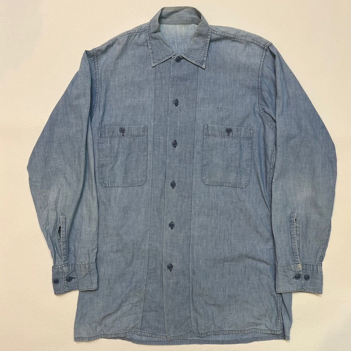 k212 50 年代 U.S.NAVY 米軍実物 ブルー シャンブレー シャツ 青耳 ワーク vintage shirt ビンテージ work ミリタリー