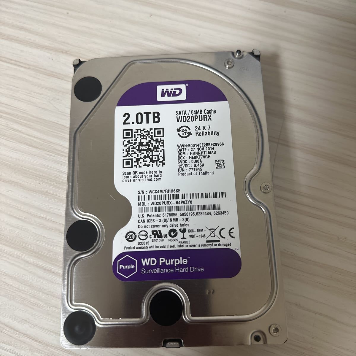 X316:【動作保証/使用0時間/AVコマンド対応】WDC WD20PURX-64P6ZY0 3.5インチHDD SATA 2TB 2000GB_画像1