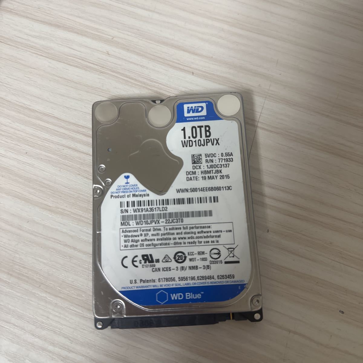 W27:【動作保証/使用0時間】WD 1TB(1000GB) HDD WD10JPVX-22JC3T0 2.5インチ 9.5mm厚 CrystalDiskInfo正常判定_画像1