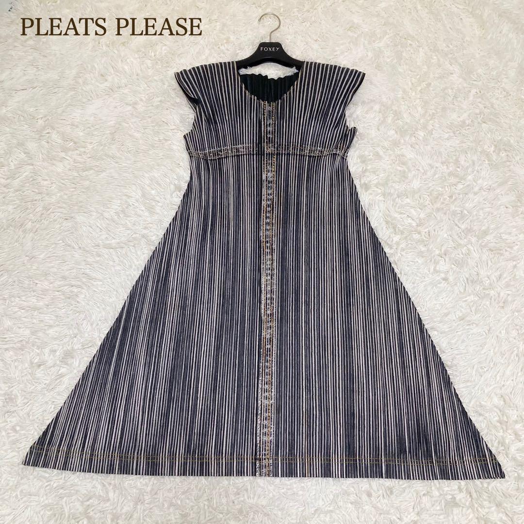 極美品 PLEATS PLEASE プリーツプリーズ デニム転写 ワンピース サイズ