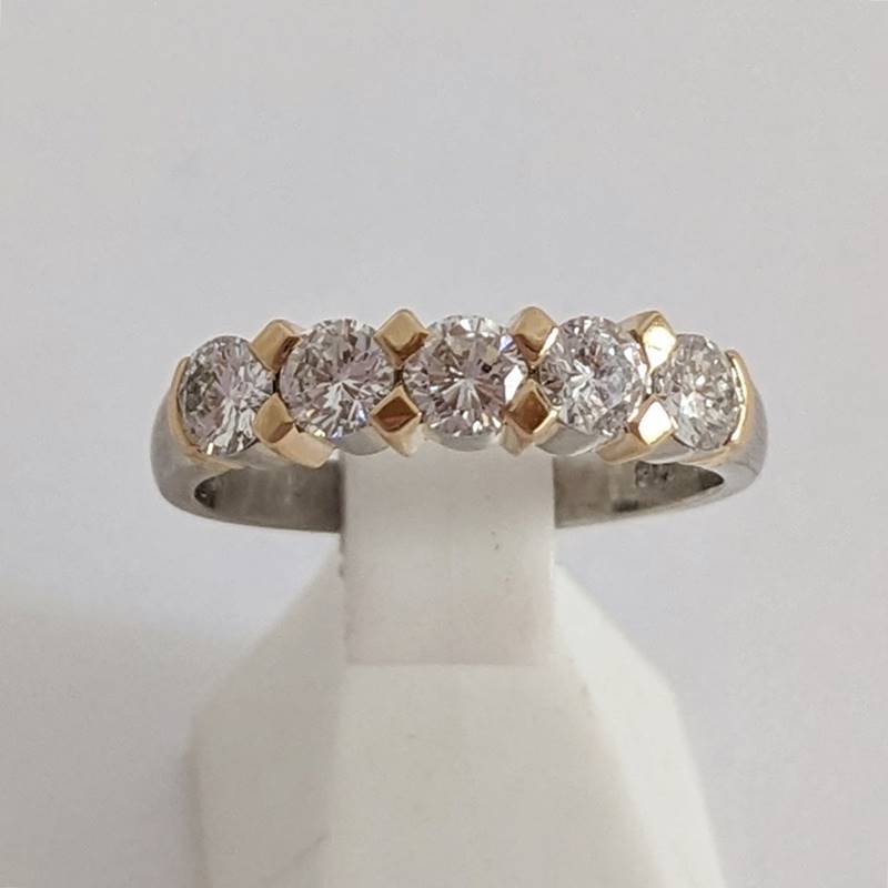ファッションデザイナー ゴールド◆コンビ◆ダイヤモンド プラチナ/K18 Pt900 1.006ct◆5石◆デザイン 指輪◆♯15◆新品仕上済【送料無料】 リング プラチナ台