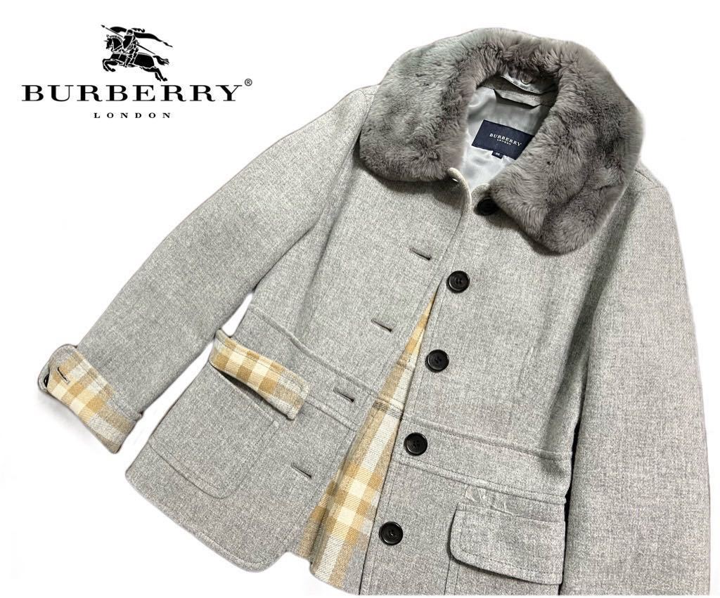 【美品】BURBERRY カシミア混ラビットファーコートグレー★レディース M〜L★送料無料_画像1