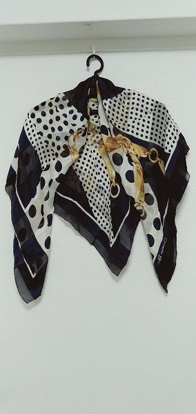 Christian Dior クリスチャンディオール　スカーフ　ネイビー×オフホワイト×イエロー系　◎A377_画像3
